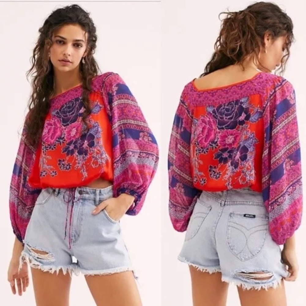 Free People Blue Nile Floral Print Boho Top